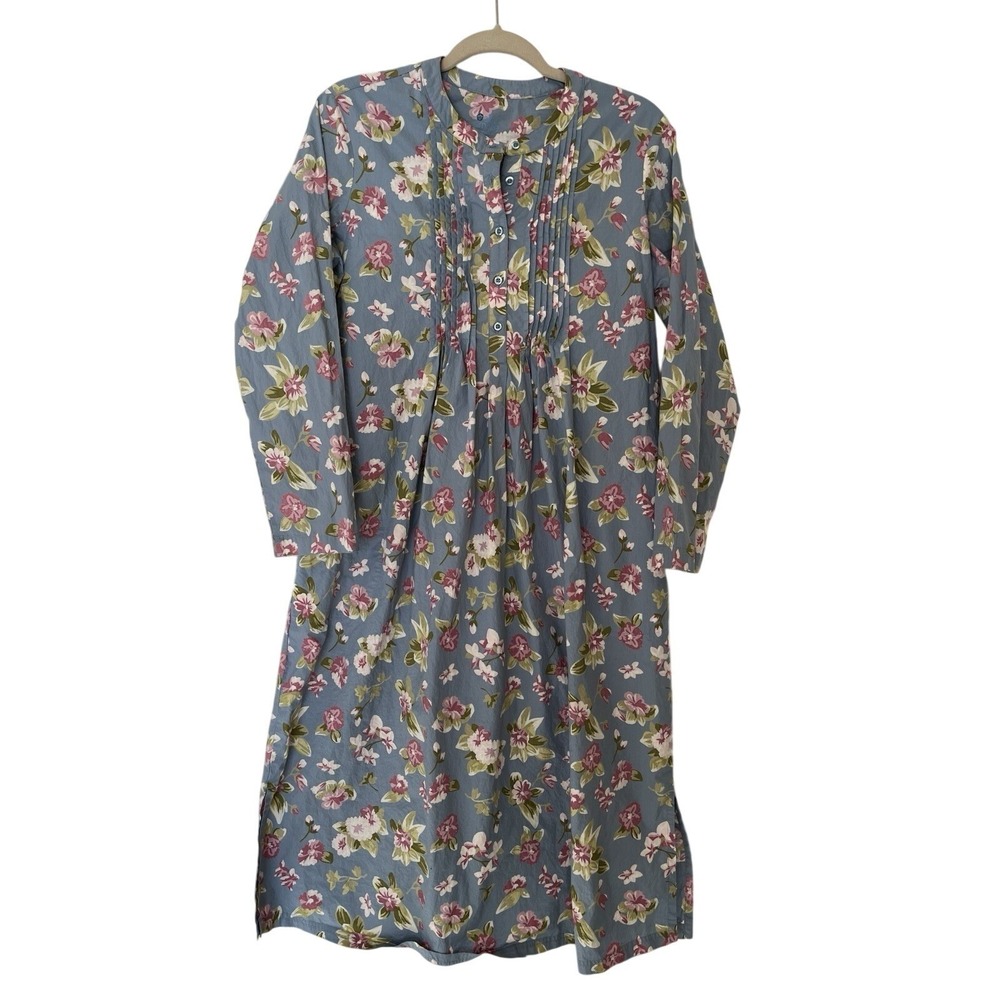 Women's‎ Cotton Floral Nap House Dress Blue 3/4 Sleeves Pockets Cottage Boho S